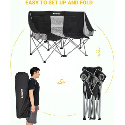  FUNDANGO Portable Loveseat Oversized Double 2 Person Large Outdoor Folding Camping Sofa Chair for Lawn,Travel,Picnic,Patio, 25.5X53.9X39.3 inches, Black/Grey