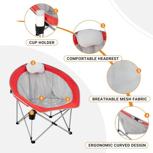  FUNDANGO Oversized Mesh Moon Saucer Camping Chair, Folding Portable Round Chairs for Adults with Headrest, Cup Holder, Carry Bag for Outdoor Hiking, Fishing, Picnic, Camp, Lawn (Re