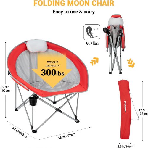  FUNDANGO Oversized Mesh Moon Saucer Camping Chair, Folding Portable Round Chairs for Adults with Headrest, Cup Holder, Carry Bag for Outdoor Hiking, Fishing, Picnic, Camp, Lawn (Re