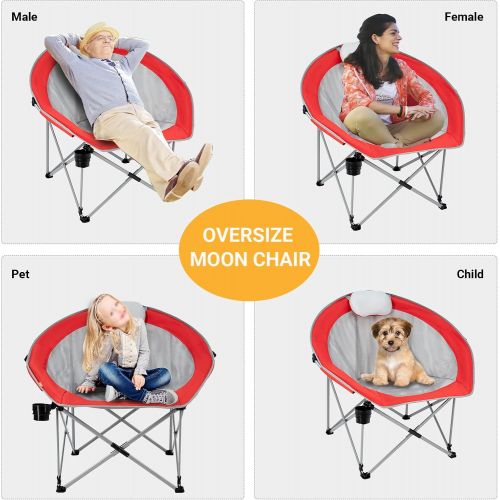  FUNDANGO Oversized Mesh Moon Saucer Camping Chair, Folding Portable Round Chairs for Adults with Headrest, Cup Holder, Carry Bag for Outdoor Hiking, Fishing, Picnic, Camp, Lawn (Re