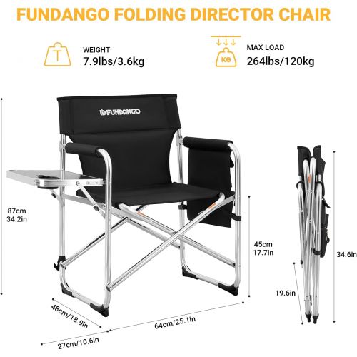  FUNDANGO Portable Lightweight Folding Camping Director Chair with Side Table Oversized Camp Chair Aluminum Fold Up Chair Outdoor Chairs for Picnic, Sports, BBQ, Fishing, Heavy Duty