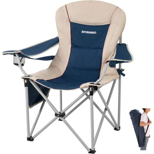  FUNDANGO Folding Camping Chairs Heavy Duty Lumbar Back Support Oversized Quad Arm Chair Padded Folding Deluxe with Cooler Armrest Cup Holder, Supports 350 lbs