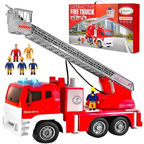  FUNERICA Fire Truck with Water Hose Pump, Flashing Lights, Siren Sounds, Extending Ladder, 5 Fireman, Firefighter Figures, Powered Firetruck Engine, Best Toy Gift for Toddlers, Kid