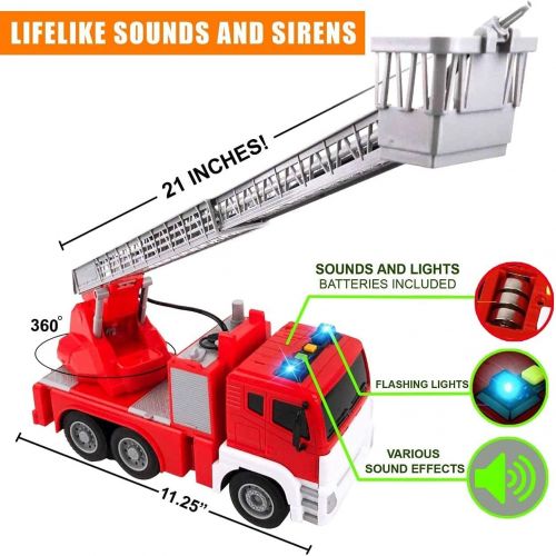  FUNERICA Fire Truck with Water Hose Pump, Flashing Lights, Siren Sounds, Extending Ladder, 5 Fireman, Firefighter Figures, Powered Firetruck Engine, Best Toy Gift for Toddlers, Kid