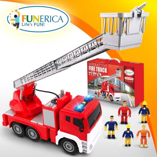  FUNERICA Fire Truck with Water Hose Pump, Flashing Lights, Siren Sounds, Extending Ladder, 5 Fireman, Firefighter Figures, Powered Firetruck Engine, Best Toy Gift for Toddlers, Kid