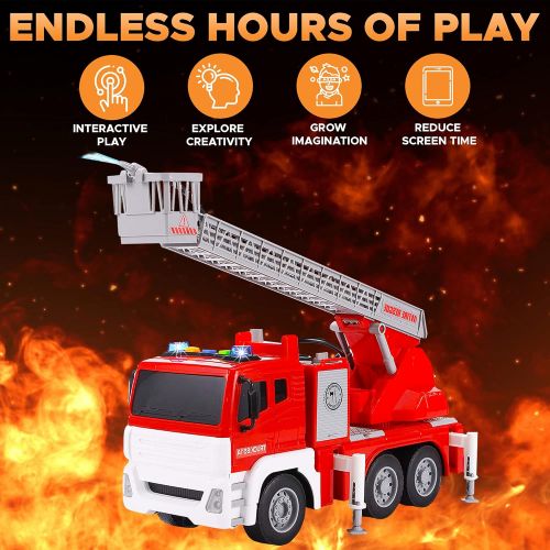  FUNERICA Fire Truck with Water Hose Pump, Flashing Lights, Siren Sounds, Extending Ladder, 5 Fireman, Firefighter Figures, Powered Firetruck Engine, Best Toy Gift for Toddlers, Kid