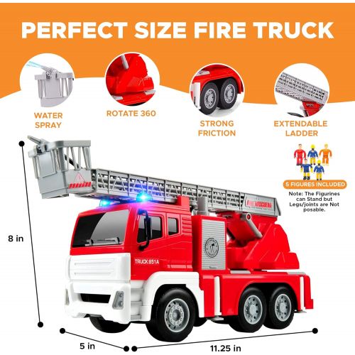  FUNERICA Fire Truck with Water Hose Pump, Flashing Lights, Siren Sounds, Extending Ladder, 5 Fireman, Firefighter Figures, Powered Firetruck Engine, Best Toy Gift for Toddlers, Kid