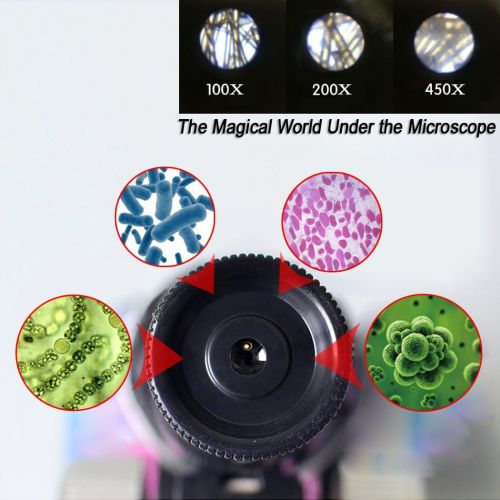  [아마존베스트]FUNRUI Kids Microscope, 450x, 200x, 100x Magnification Children Science Microscope Kit with LED Lights Includes Accessory Toy Set for Beginners Early Education