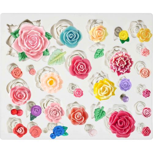  [아마존베스트]Funshowcase 21 Cavity Roses Flower Fondant Candy Silicone Mold for Sugarcraft Cake Decoration, Cupcake Topper, Polymer Clay, Soap Wax Making Crafting Projects