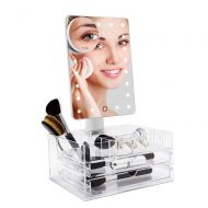 FUNTOUCH Funtouch Makeup Mirror, Acrylic Makeup Organizer Lighted Vanity Mirror with 21 LED Lights,1x/2x/3x Magnification, Touch Screen 90 Degree Rotation