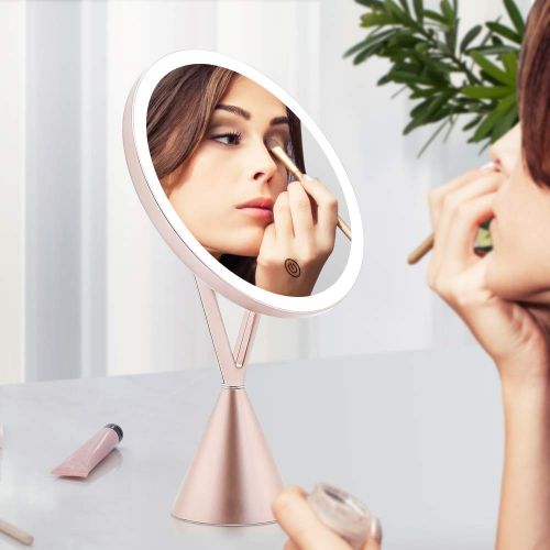  FUNTOUCH LED Lighted Vanity Makeup Mirror with 35 Natural Led Lights Dimmable Touch Screen Dual Power Supply with 5X Spot Magnification Bathroom Table Countertop Illuminated Mirror(Rose Gol
