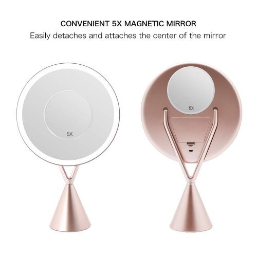  FUNTOUCH LED Lighted Vanity Makeup Mirror with 35 Natural Led Lights Dimmable Touch Screen Dual Power Supply with 5X Spot Magnification Bathroom Table Countertop Illuminated Mirror(Rose Gol