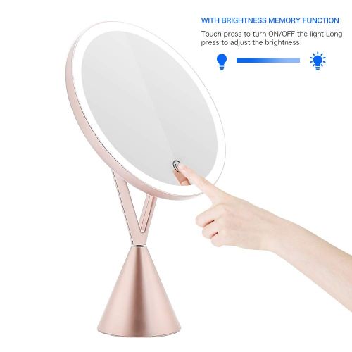  FUNTOUCH LED Lighted Vanity Makeup Mirror with 35 Natural Led Lights Dimmable Touch Screen Dual Power Supply with 5X Spot Magnification Bathroom Table Countertop Illuminated Mirror(Rose Gol