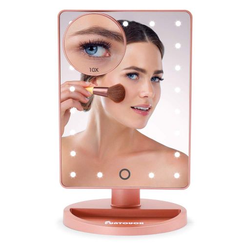  FUNTOUCH Vanity Lighted Makeup Mirror with 21 Led Lights Dual Power Supply, Cosmetic Desk Table Makeup Mirror with Detachable 10X Magnification, Touch Screen Light Adjustable Dimmable 180°