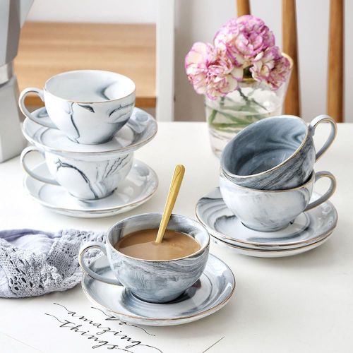  [아마존베스트]FUYU Gold Edge Marble Ceramic Espresso Coffee Cup and Saucer Set Tea Cup