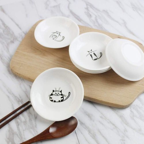  [아마존베스트]FUYU 6pcs Cute Cat Ceramic Sauce Dish Seasoning Dish Dessert Plate Snack Plate Side Dish, 4 inches