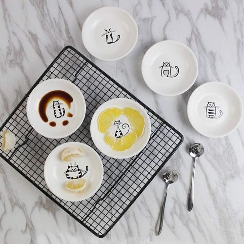  [아마존베스트]FUYU 6pcs Cute Cat Ceramic Sauce Dish Seasoning Dish Dessert Plate Snack Plate Side Dish, 4 inches