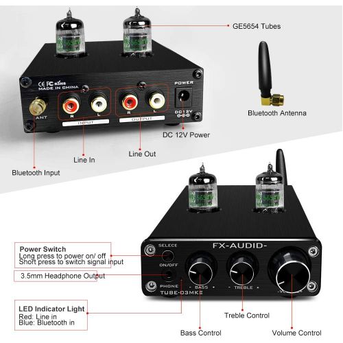  FX AUDIO Bluetooth Tube Preamp & Headphone Amp & Bluetooth Receiver+ESS9023 GE5654 HiFi Bluetooth 5.0 Vaccum Tube Preamp with RCA BT Input & RCA/3.5mm Headphone Output Bass Treble