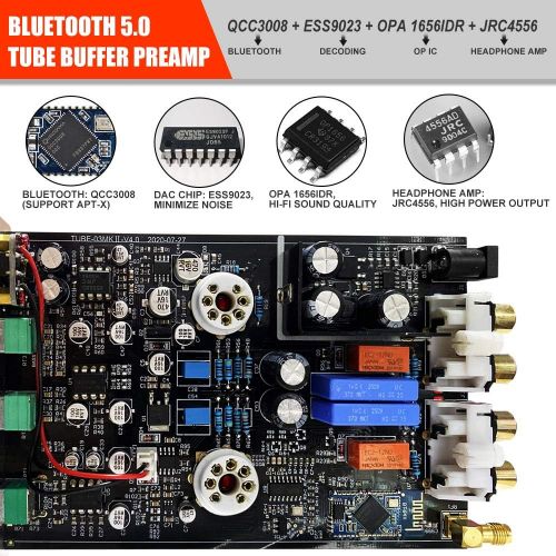  FX AUDIO Bluetooth Tube Preamp & Headphone Amp & Bluetooth Receiver+ESS9023 GE5654 HiFi Bluetooth 5.0 Vaccum Tube Preamp with RCA BT Input & RCA/3.5mm Headphone Output Bass Treble