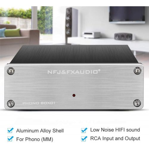  FX AUDIO Box 01 Phono Preamp RCA Input Output MM Phonograph Preamplifier for Turntable DC 12V Low Noise Pre-amp for Home Audio Stereo Recorder Player (Silver)