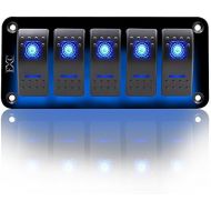 FXC Rocker Switch Aluminum Panel 5 Gang Toggle Switches Dash 5 Pin ONOff 2 LED Backlit for Boat Car Marine Blue