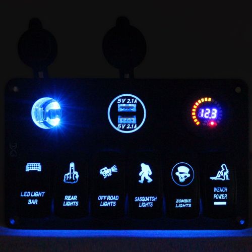  FXC Boat Rocker Switch Panel Voltmeter 12V Cigarette Socket Double USB Power Charger Adapter Flush Mount Waterproof 6 Gang Switches Panel Black for RV Car Marine¡­
