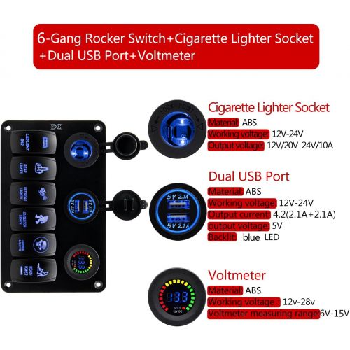  FXC Boat Rocker Switch Panel Voltmeter 12V Cigarette Socket Double USB Power Charger Adapter Flush Mount Waterproof 6 Gang Switches Panel Black for RV Car Marine¡­
