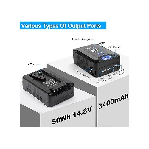  FXLION Nano ONE Upgrade V Mount Battery,50Wh 14.8V 3400mAh V Lock Battery with D-Tap,USB-A,USB-C Ports for Cameras/Camcorders/MacBook/Smartphone/Monitors