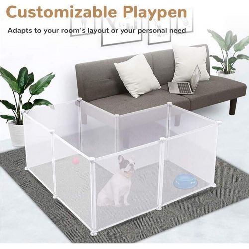  FXQIN Pet Playpen, Small Animal Cage Indoor Portable Yard Fence for Small Animals, Rabbits Kennel Crate Fence Tent, Transparent White 8 Panels