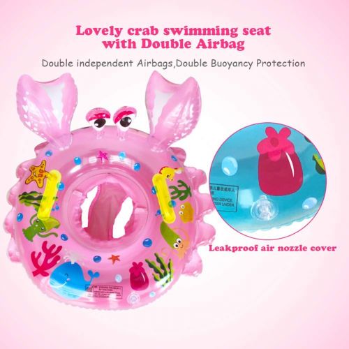  FXQIN Inflatable Baby Swimming Ring, with Safety Seat, Swimming Pool Floats Row with Double Airbag, for 3 Months-3 Years Children, (Crab-Pink)