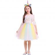 FYMNSI Girls Unicorn Costume Birthday Party Flower Rainbow Tulle Princess Dress with Headband
