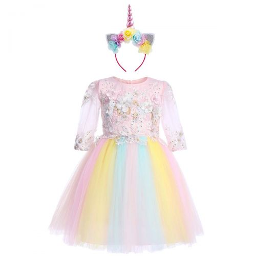  FYMNSI Girls Unicorn Costume Birthday Party Flower Rainbow Tulle Princess Dress with Headband