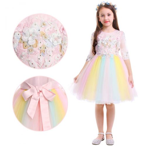  FYMNSI Girls Unicorn Costume Birthday Party Flower Rainbow Tulle Princess Dress with Headband