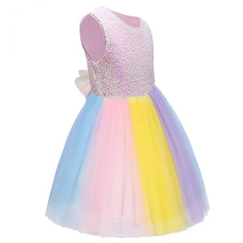  FYMNSI Baby Girls Unicorn Birthday Rainbow Sequin Short Dress Princess Sleeveless Party Ball Gown + Headband 2-9T