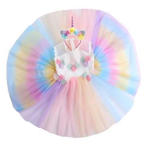  FYMNSI Girls Unicorn Rainbow Tulle Dress Flower Princess Pageant Birthday Party Costume Outfit with Headband 2-13T