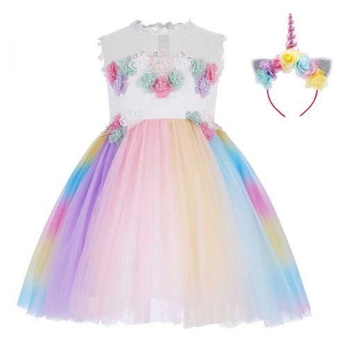  FYMNSI Girls Unicorn Rainbow Tulle Dress Flower Princess Pageant Birthday Party Costume Outfit with Headband 2-13T