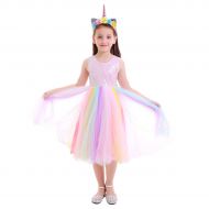 FYMNSI Princess Girls Unicorn Birthday Party Sequin Flower Sleeveless Rainbow Dress Up Costume + Headband 4-12T