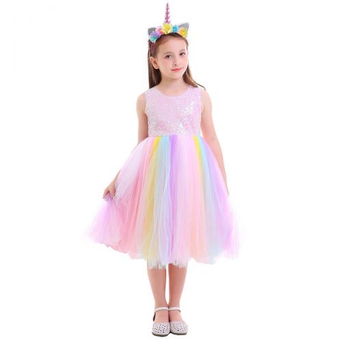  FYMNSI Princess Girls Unicorn Birthday Party Sequin Flower Sleeveless Rainbow Dress Up Costume + Headband 4-12T