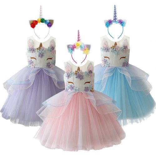  FYMNSI Baby Girls Toddler Unicorn Dress Sleeveless Princess Wedding Birthday Party Costume Tulle Dress + Headband 2-13T