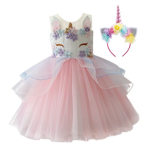  FYMNSI Baby Girls Toddler Unicorn Dress Sleeveless Princess Wedding Birthday Party Costume Tulle Dress + Headband 2-13T