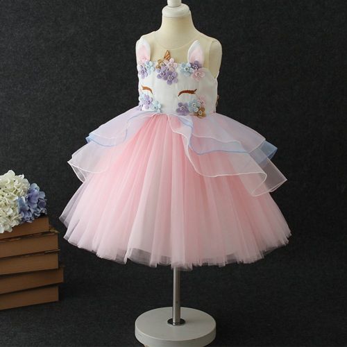  FYMNSI Baby Girls Toddler Unicorn Dress Sleeveless Princess Wedding Birthday Party Costume Tulle Dress + Headband 2-13T