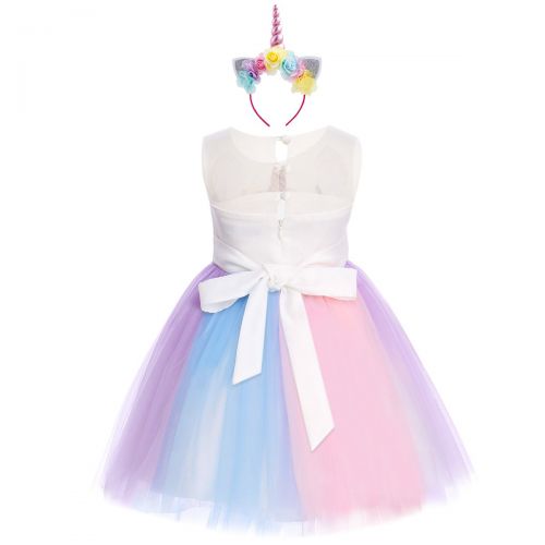  FYMNSI Baby Girls Unicorn Birthday Rainbow Party Tulle Dress Princess Sleeveless Wedding Dress Up Costumes + Headband