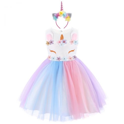  FYMNSI Baby Girls Unicorn Birthday Rainbow Party Tulle Dress Princess Sleeveless Wedding Dress Up Costumes + Headband