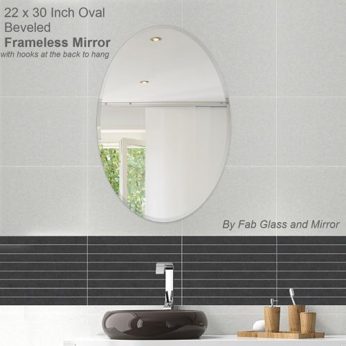  Fab Glass and Mirror Oval Beveled Polish Frameless Wall Mirror with Hooks, 22 x 30, White