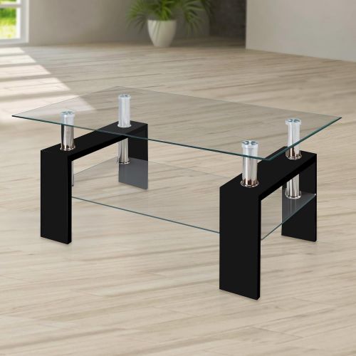  Fab Glass and Mirror Modern Glass Coffee Table, Black