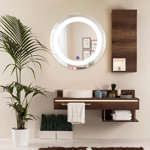  Fab Glass and Mirror FGM-L-W04 Modern Bathroom Lighted Vanity Round Shape Wall Mounted Mirror, LED cabinets, 23