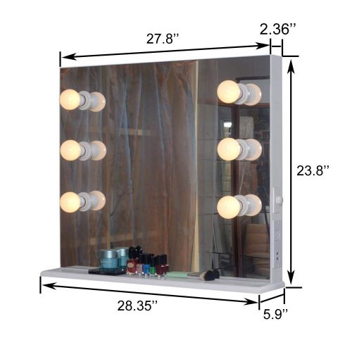  Facilehome Hollywood Style Solid Wood Wall Mounted Vanity Mirror with LED Lights, Lighted Makeup Vanity Mirrors with Dimmer,6 Bulbs