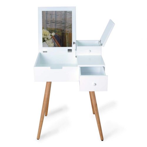  Facilehome White Dressing Vanity Table Makeup Desk with Flip Top Dressing Mirror and 2 Drawers