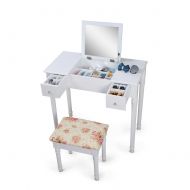 Facilehome Vanity Table Set with Flip Top Makeup Dressing Table Writing Desk with 2 Drawers Cushioned Stool,White