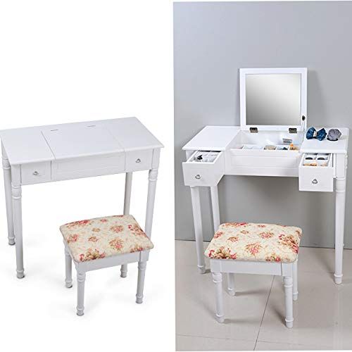  Facilehome Vanity Table Set with Flip Top Makeup Dressing Table Writing Desk with 2 Drawers Cushioned Stool,White